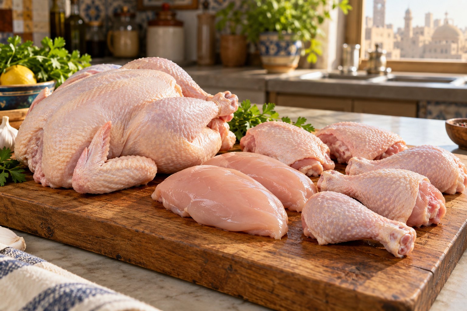 Fresh organic chicken from Egypt on a wooden board for Cairo delivery
